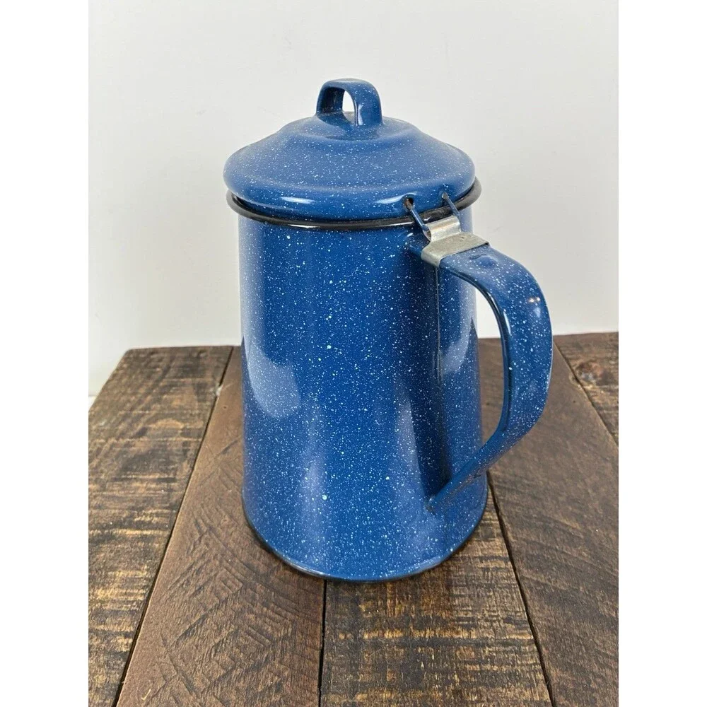 Blue Speckled Enamelware Coffee Pot Tea Kettle Metal Vintage